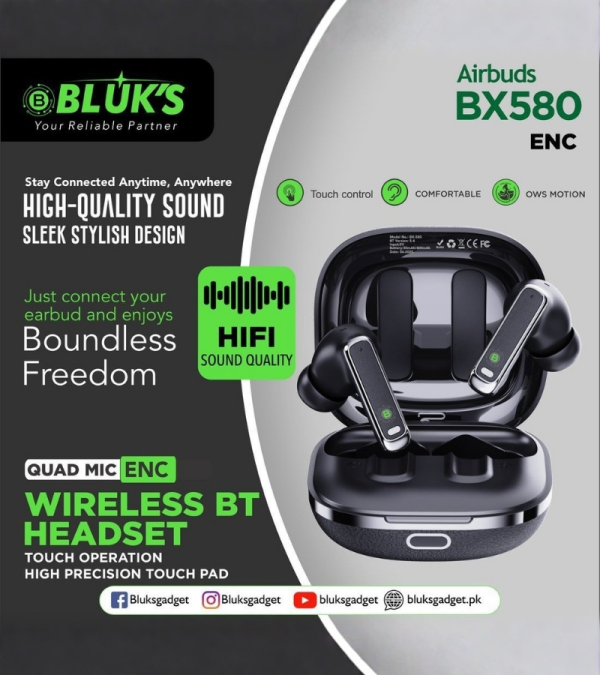bluk’s bx 580 quad mic enc wireless headset high quality sound with one year official company warranty (premium quality)