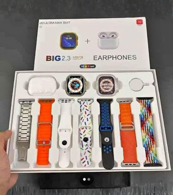 ⌚️ i20 ultra max suit 7 in 1 ultra with wireless earbuds model smart watch with charger and protector (🎁 gift box pack)