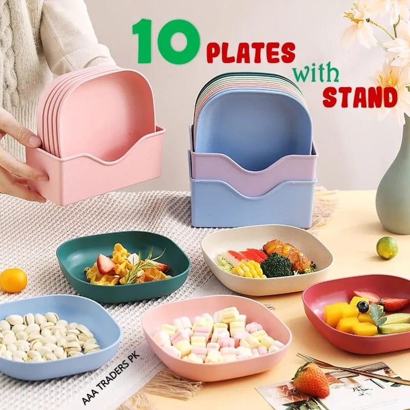 10 PCS PLATE SET WITH STAND (Random Colors)