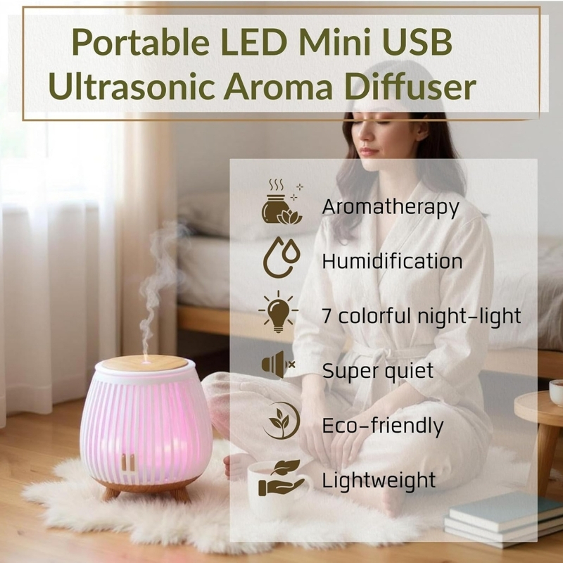 Ultrasonic Aroma Humidifier Diffuser with LED Mood Light - 140ml (Wood Grain White)